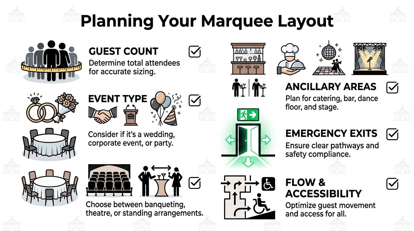 A planning guide illustration outlining important steps for designing a functional and safe marquee event layout.