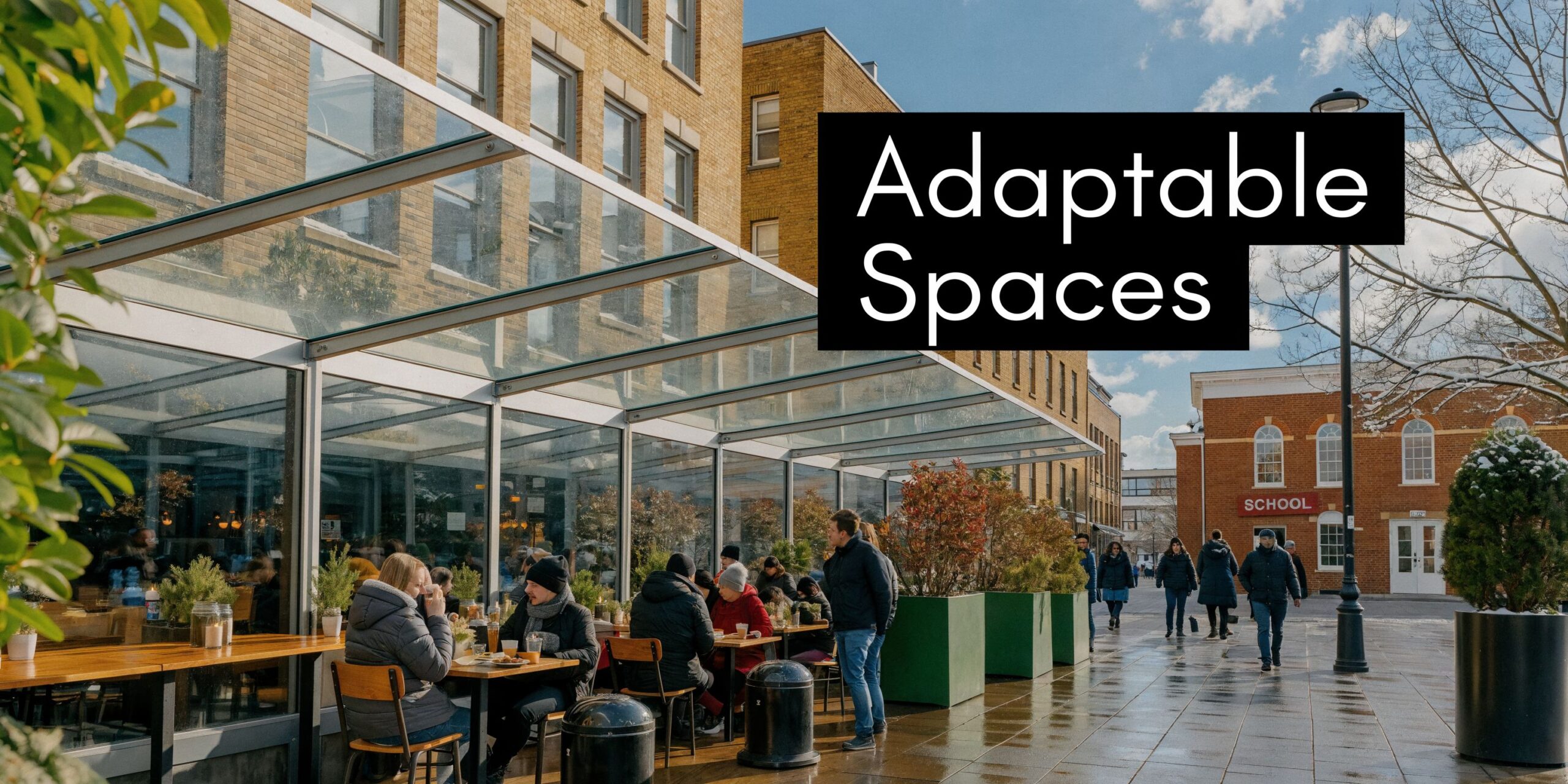 People dining under a glass canopy outside a building in a town square during winter.