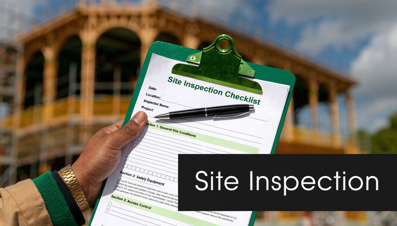 A hand holding a site inspection checklist clipboard in front of a building construction site.