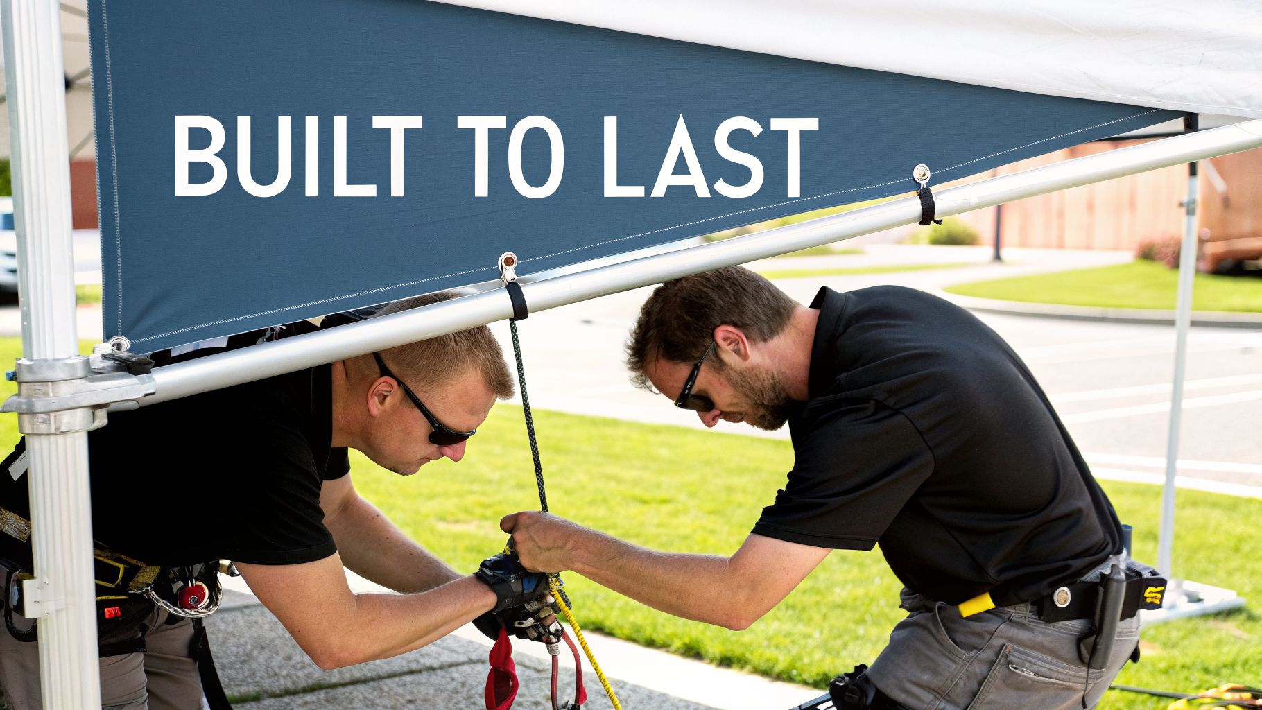 Two men in sunglasses intently working on the setup of a marquee with a 'BUILT TO LAST' banner.