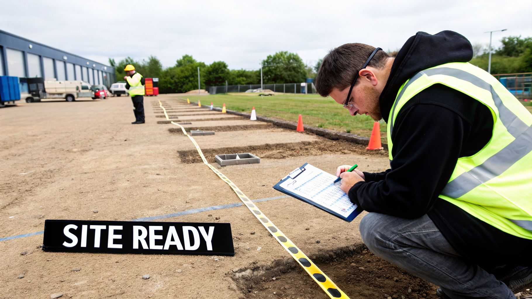 Construction workers preparing a site outdoors, one crouching and writing on a clipboard with a 'SITE READY' sign visible.