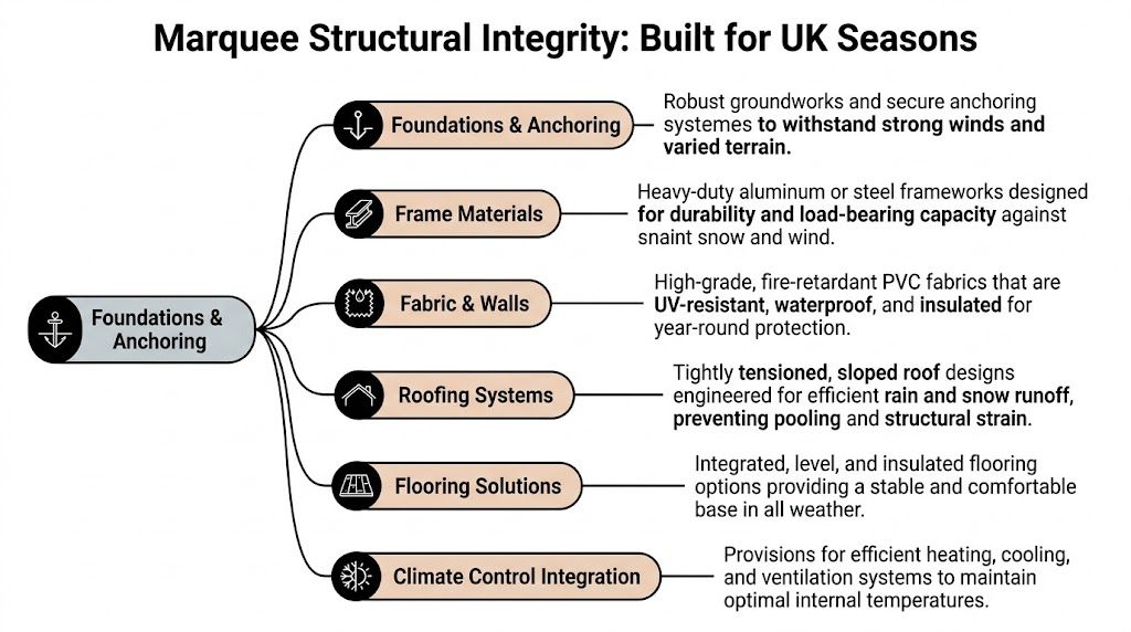 An infographic detailing the key structural features and build quality of marquees designed for UK seasonal weather.