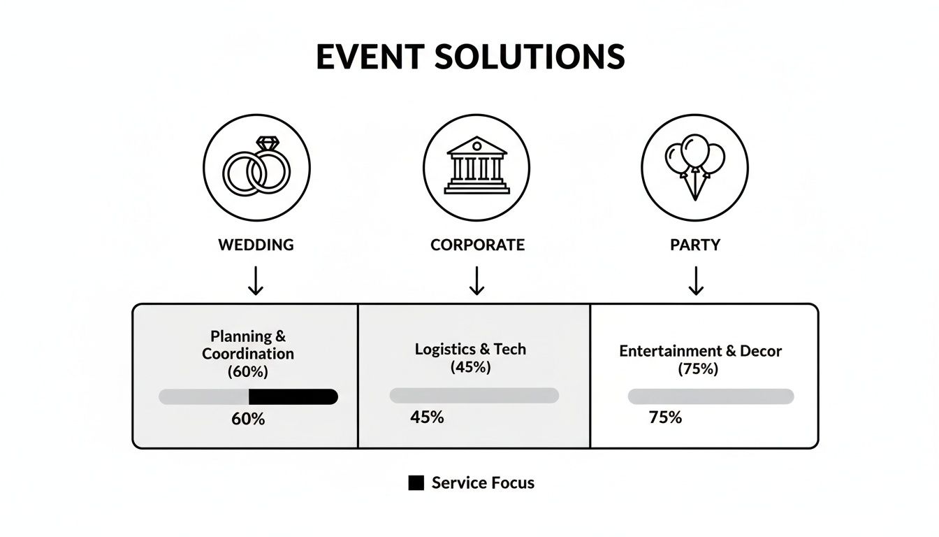 Diagram illustrating event solutions for weddings, corporate, and parties with service focus percentages.