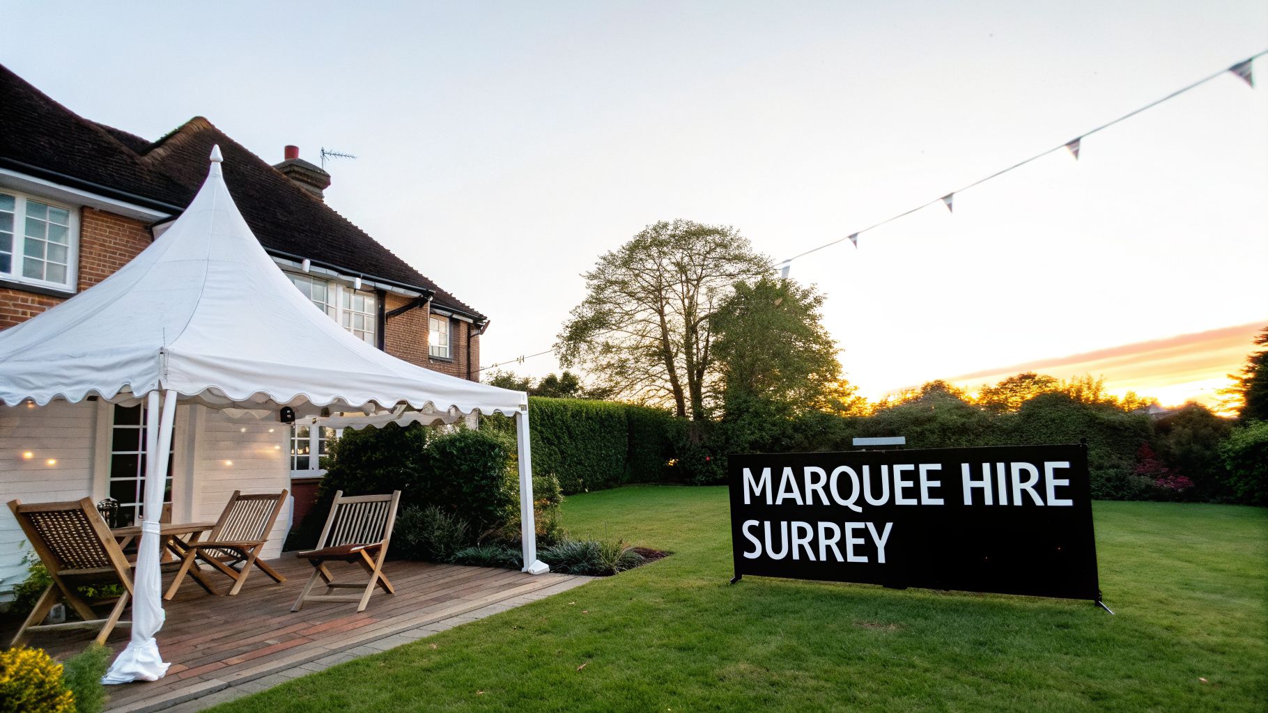 A white marquee tent set up in a lush green garden next to a house at sunset, with a 'MARQUEE HIRE SURREY' sign.