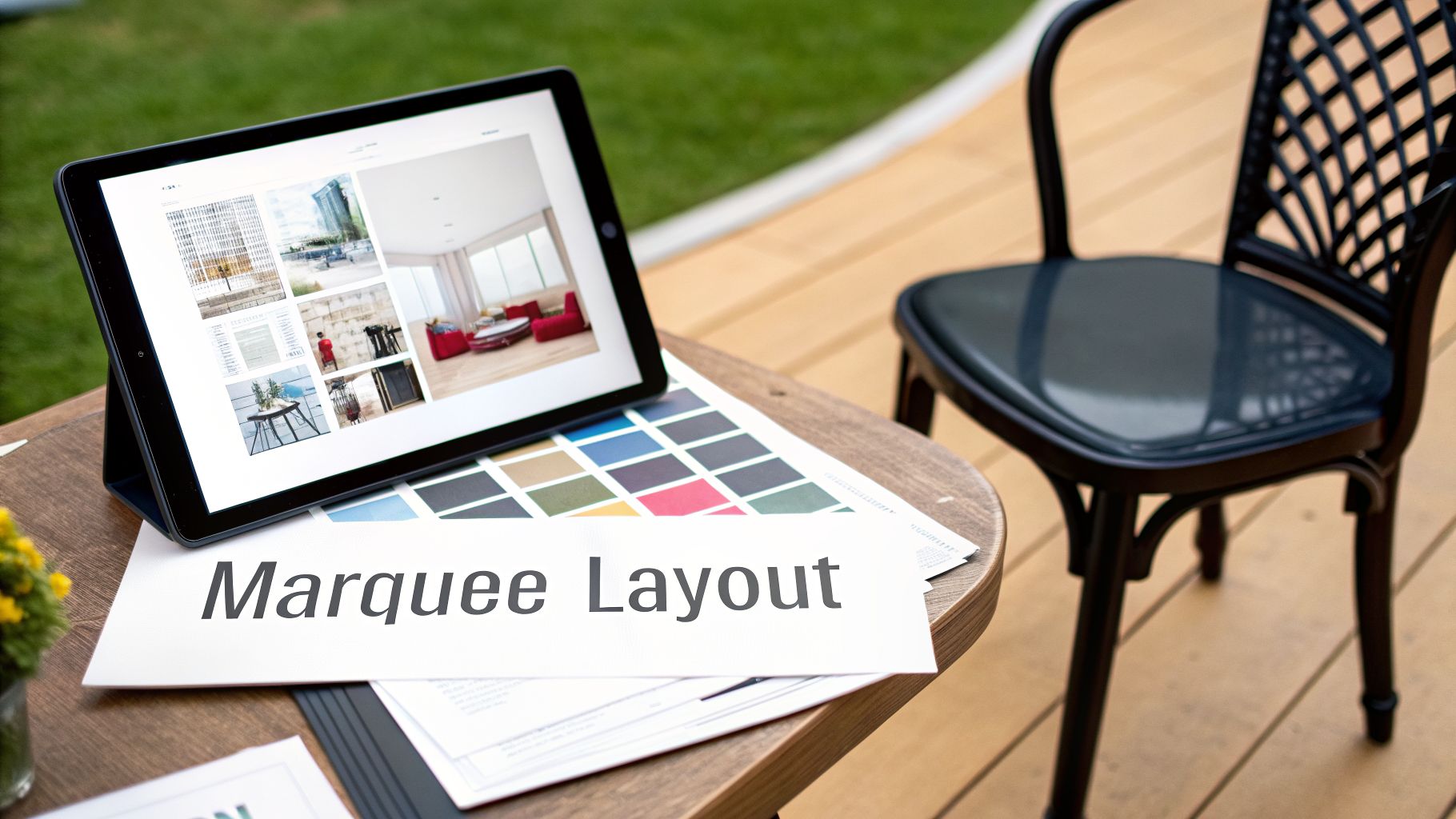 A tablet with interior design images, a color palette, and 'Marquee Layout' document on an outdoor table.