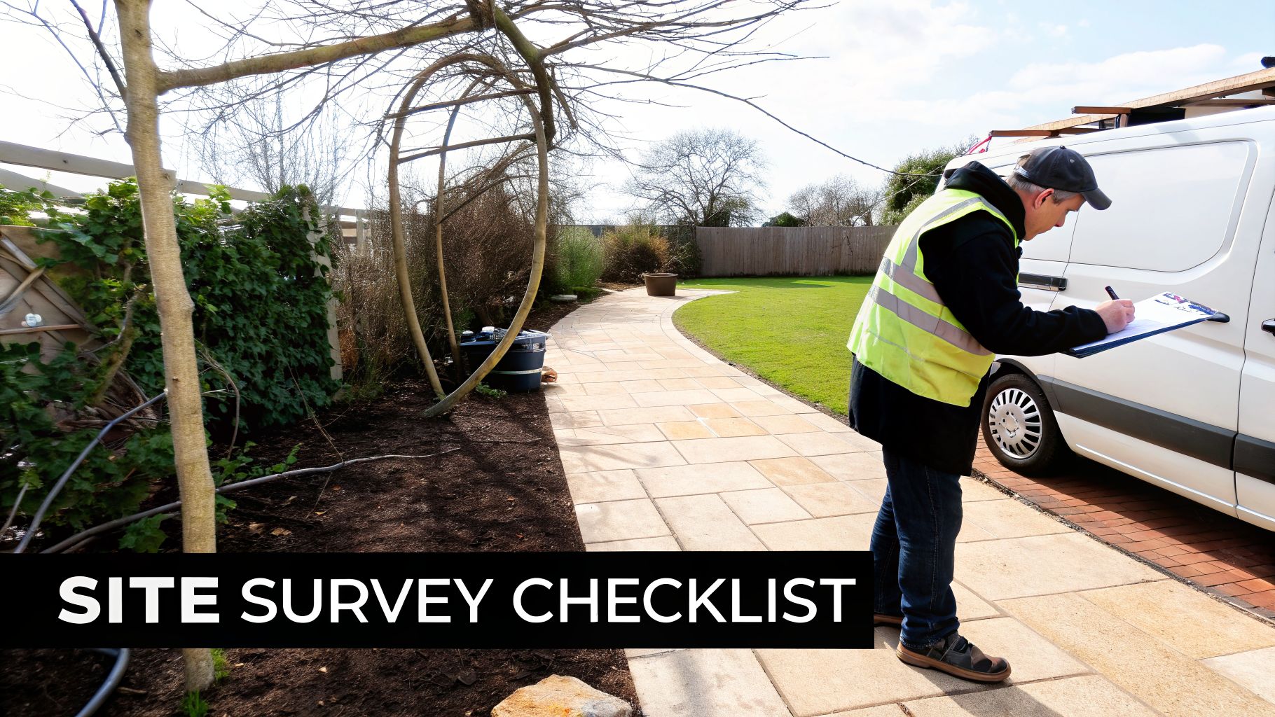 A man in a high-vis vest writes on a clipboard next to a white van during a site survey in a garden.
