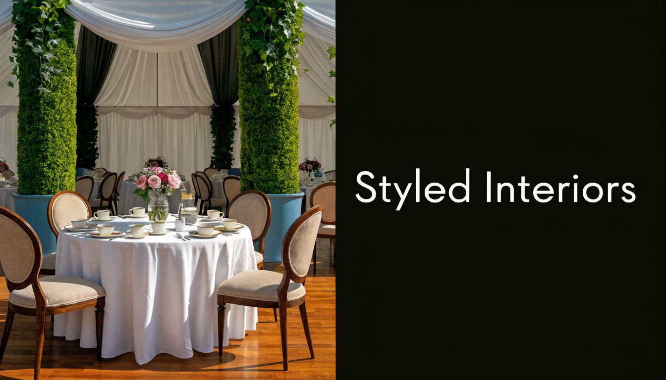 A beautifully decorated marquee wedding venue featuring round tables with floral centerpieces and elegant cream chairs.