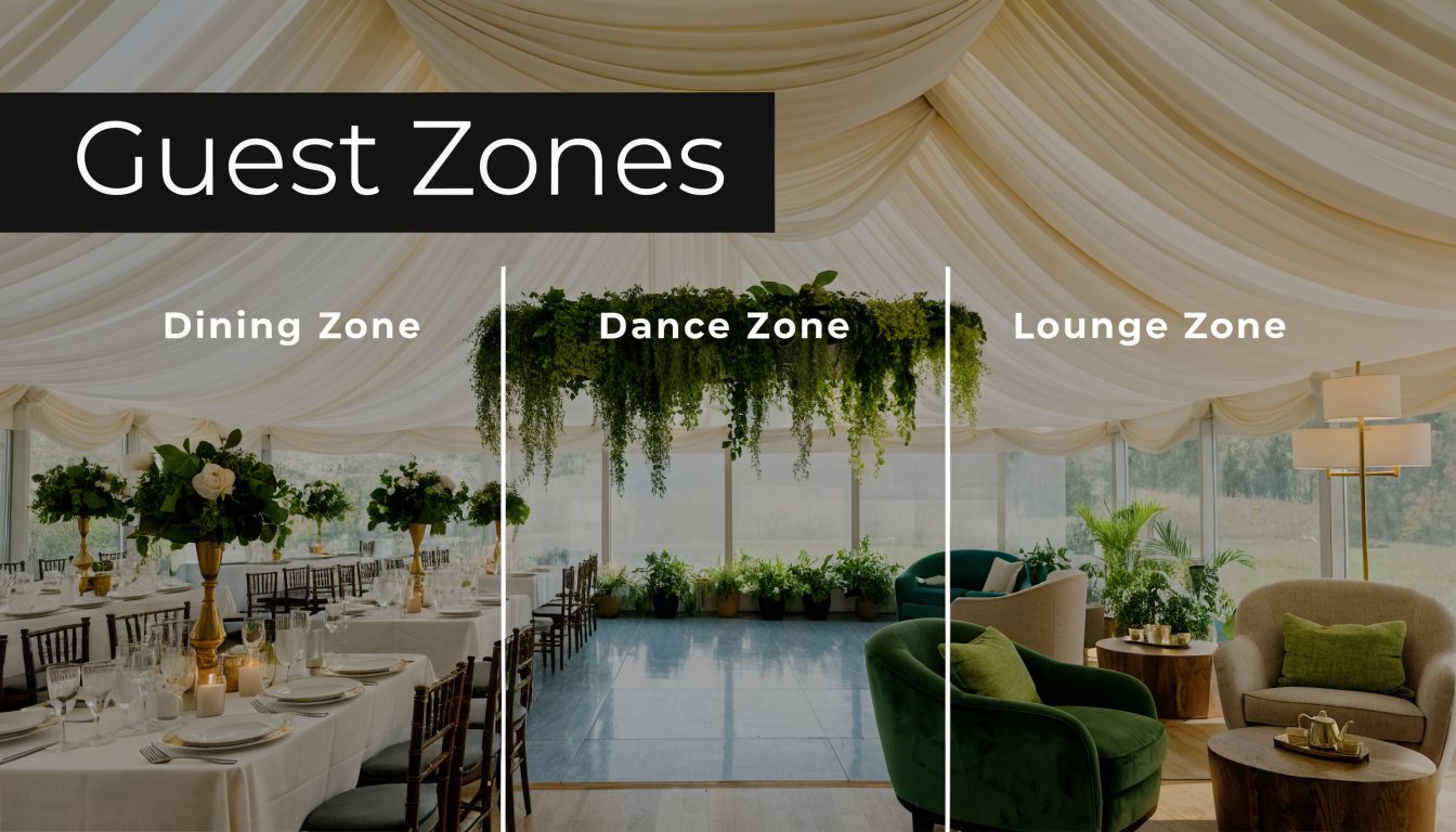 A luxurious marquee wedding venue divided into distinct dining, dance, and lounge zones with elegant decor.