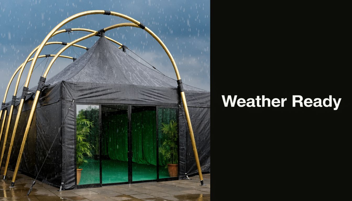 A modern black weather-ready marquee tent set up outdoors during a rainy day for events.