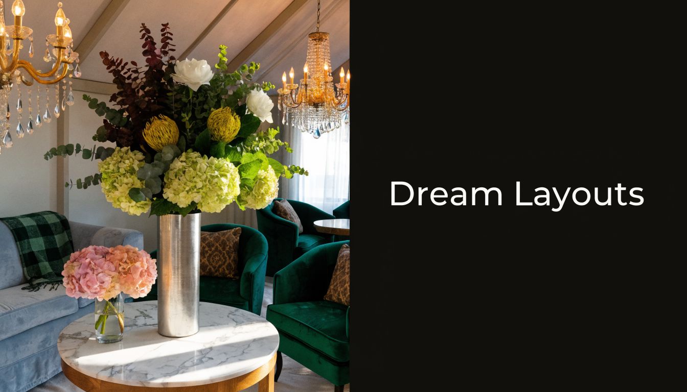 Luxurious hotel lounge interior featuring crystal chandeliers, velvet green chairs, and fresh floral bouquets on tables.