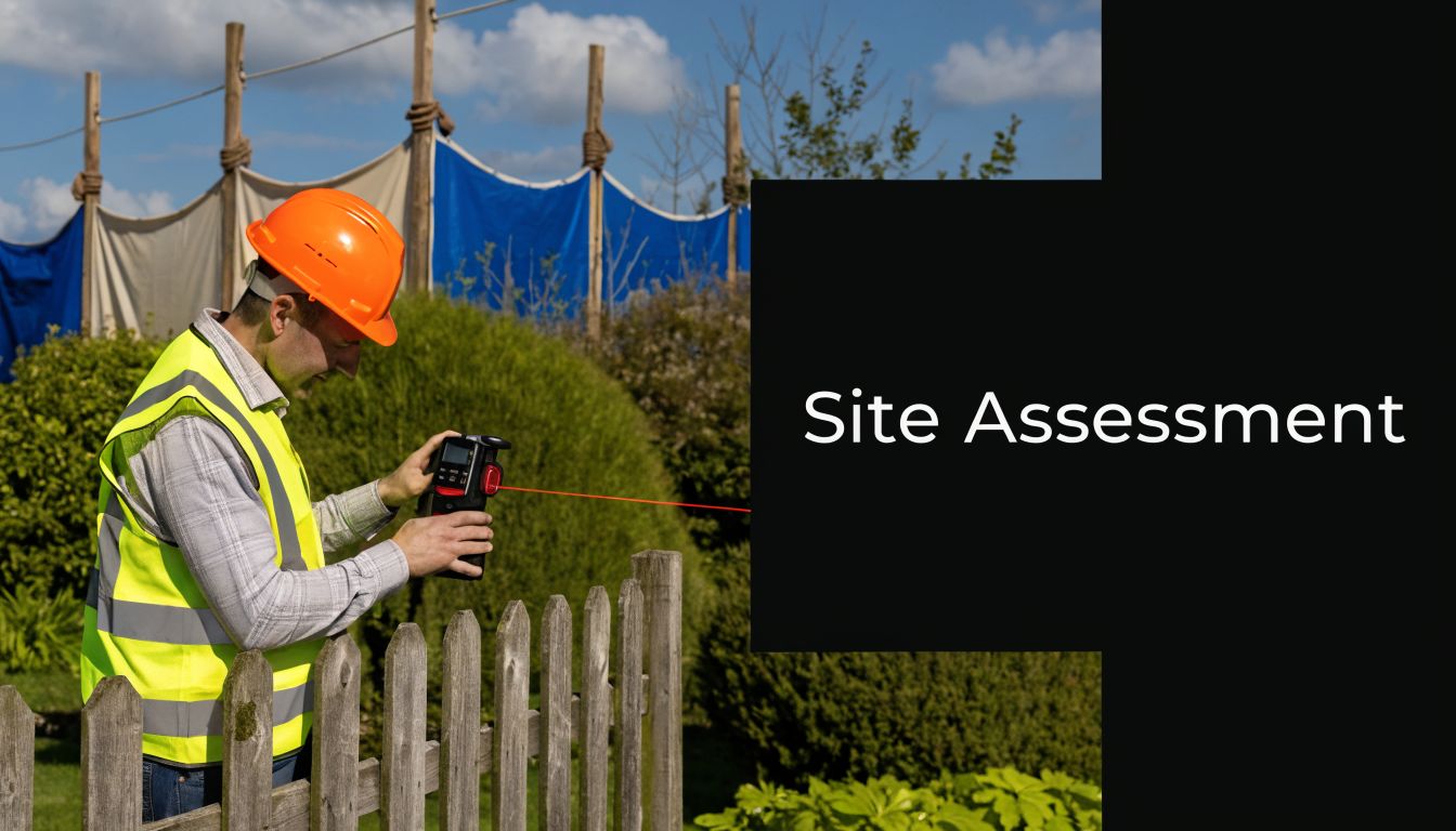 A professional construction worker uses a laser measurement tool to assess a site for marquee hire.