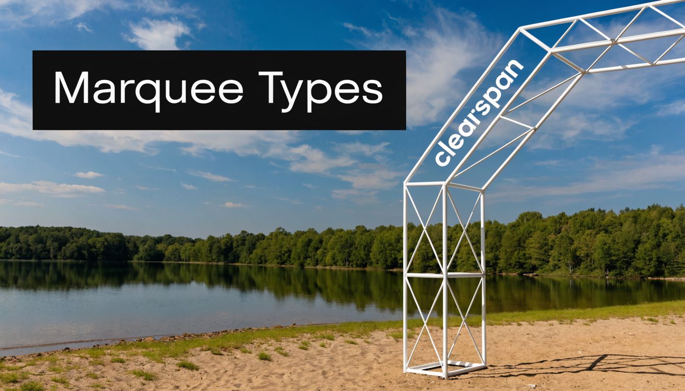 A large white metal marquee frame structure set on a sandy beach by a lake.