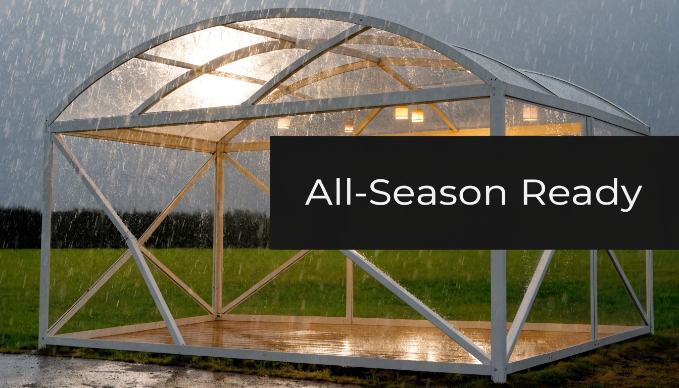 A durable, transparent, all-season outdoor structure standing in a grassy field during a rainy day.