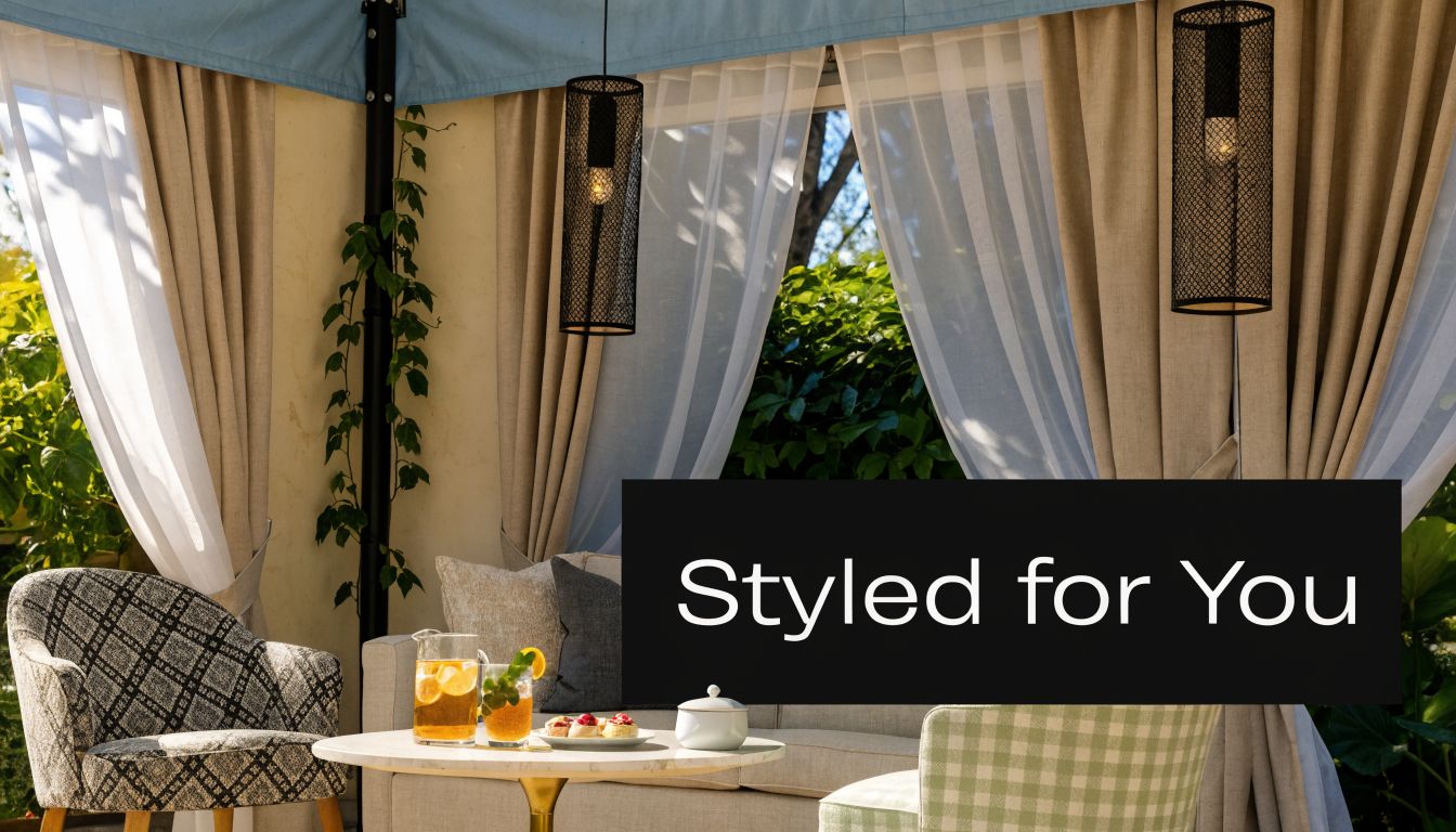 A luxurious outdoor lounge area inside a tented patio featuring comfortable seating and refreshment for guests.