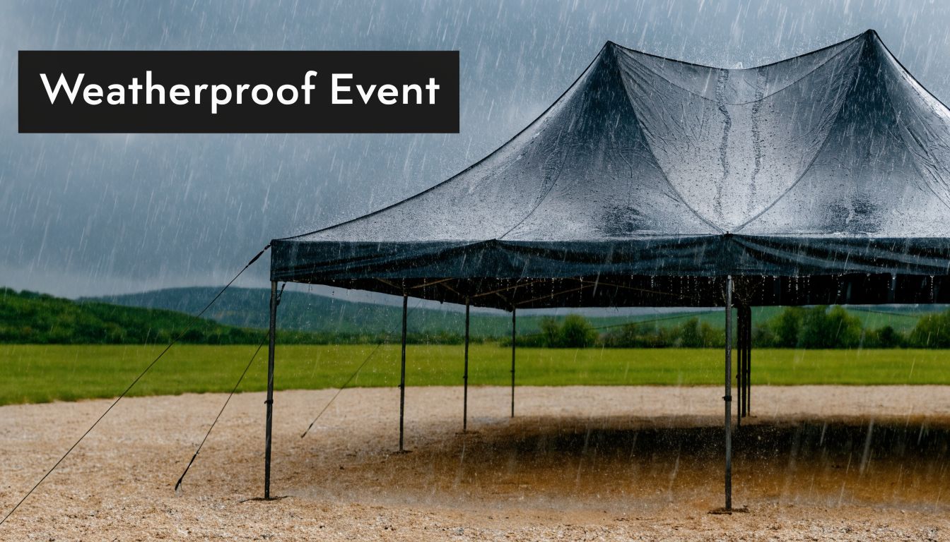 A large black canopy event tent standing in a field while it rains during the day.