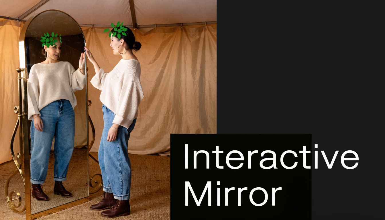 A woman with a green leaf crown touching her reflection in a gold framed standing mirror.