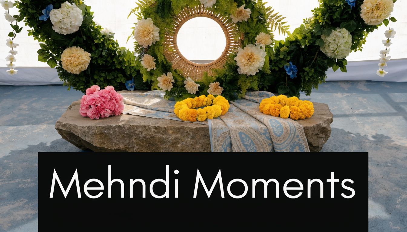 A decorated stone table featuring floral garlands and arrangements for a traditional Mehndi wedding ceremony.