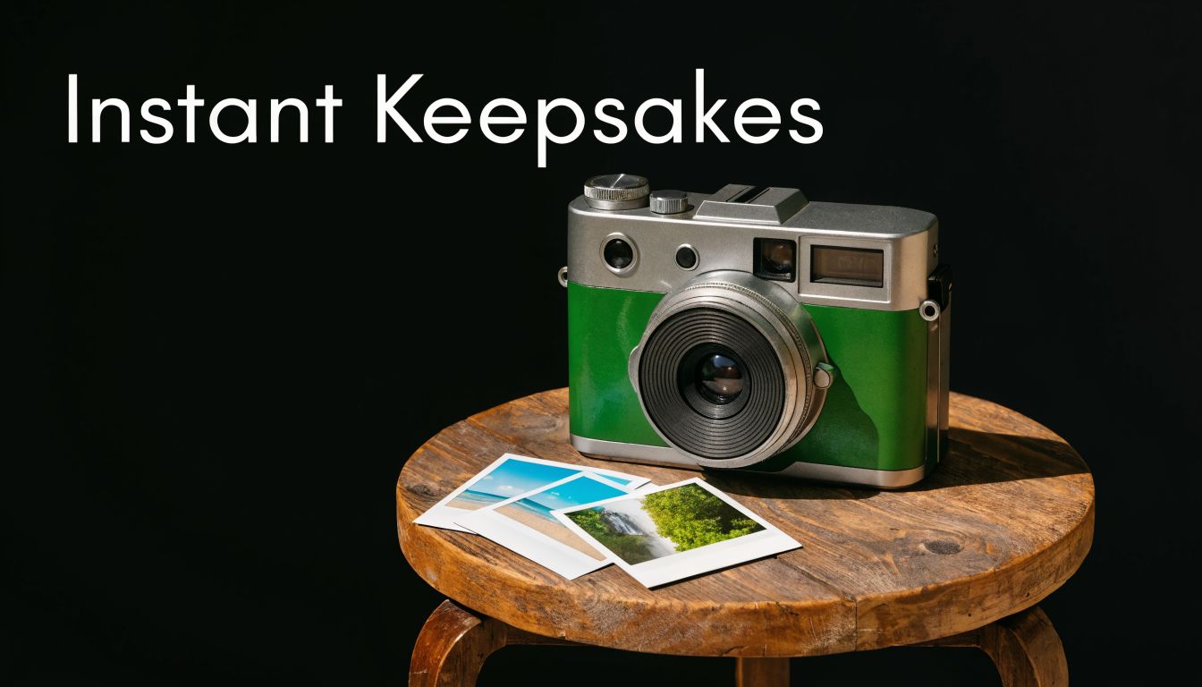 A vintage green camera sitting on a rustic wooden stool next to several printed square photographs.