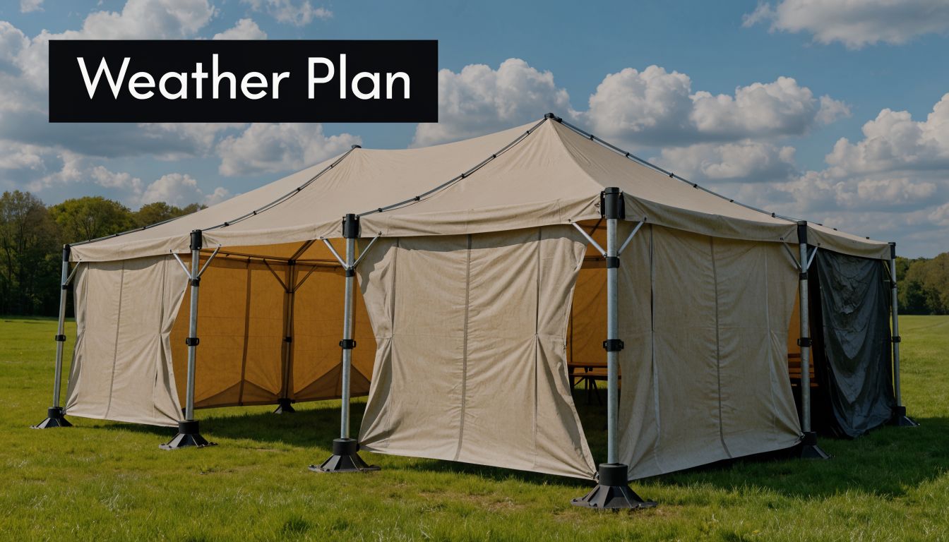 A large beige event tent set up in a grassy field under a blue sky with clouds.