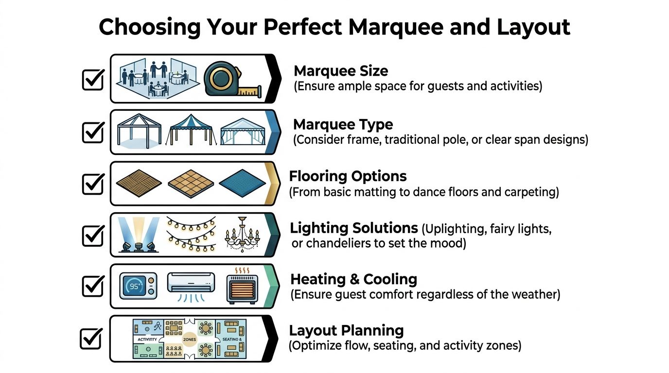 A checklist infographic illustrating six essential steps for planning and organizing a professional marquee event layout.