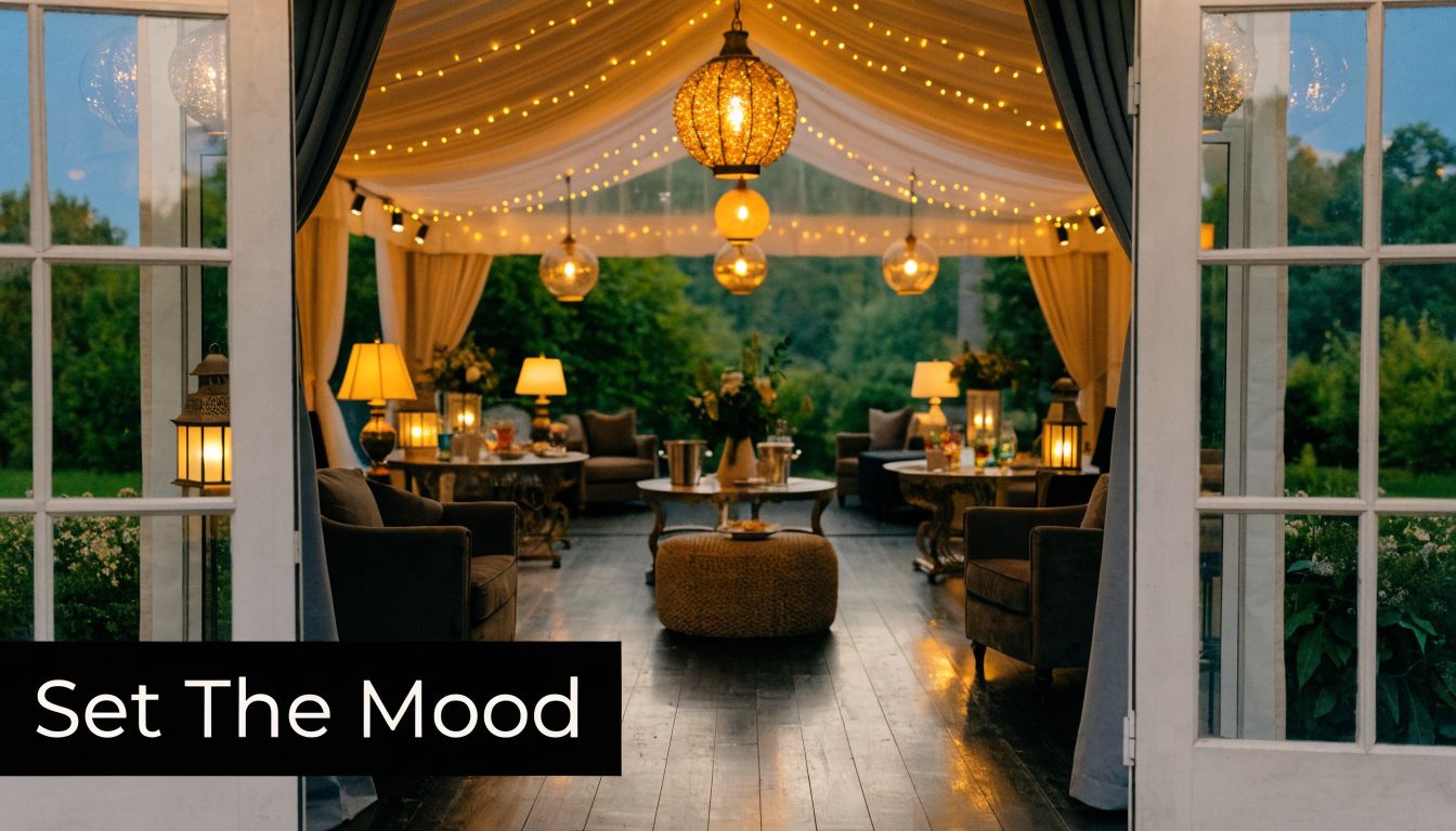 A luxurious outdoor lounge area with fairy lights, cozy armchairs, and warm lanterns at sunset.