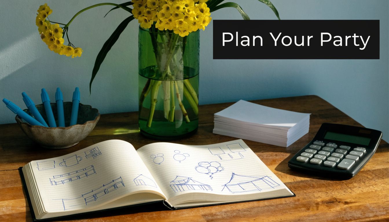 A notepad open on a desk featuring sketches for a party next to a calculator and flowers.