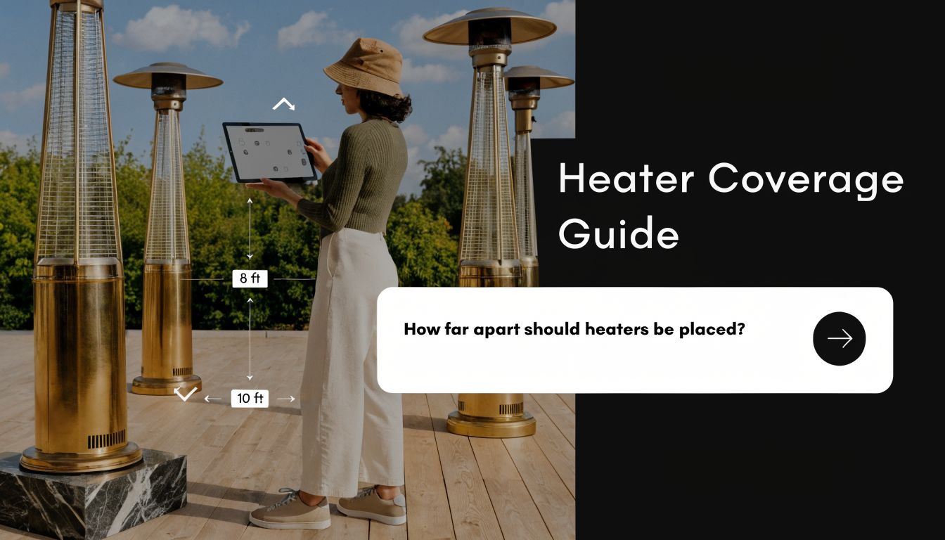 A woman holds a tablet while planning the placement of outdoor patio heaters on a wooden deck.