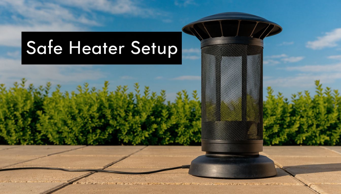 A black outdoor electric patio heater placed on a stone tile patio with green hedges in background.