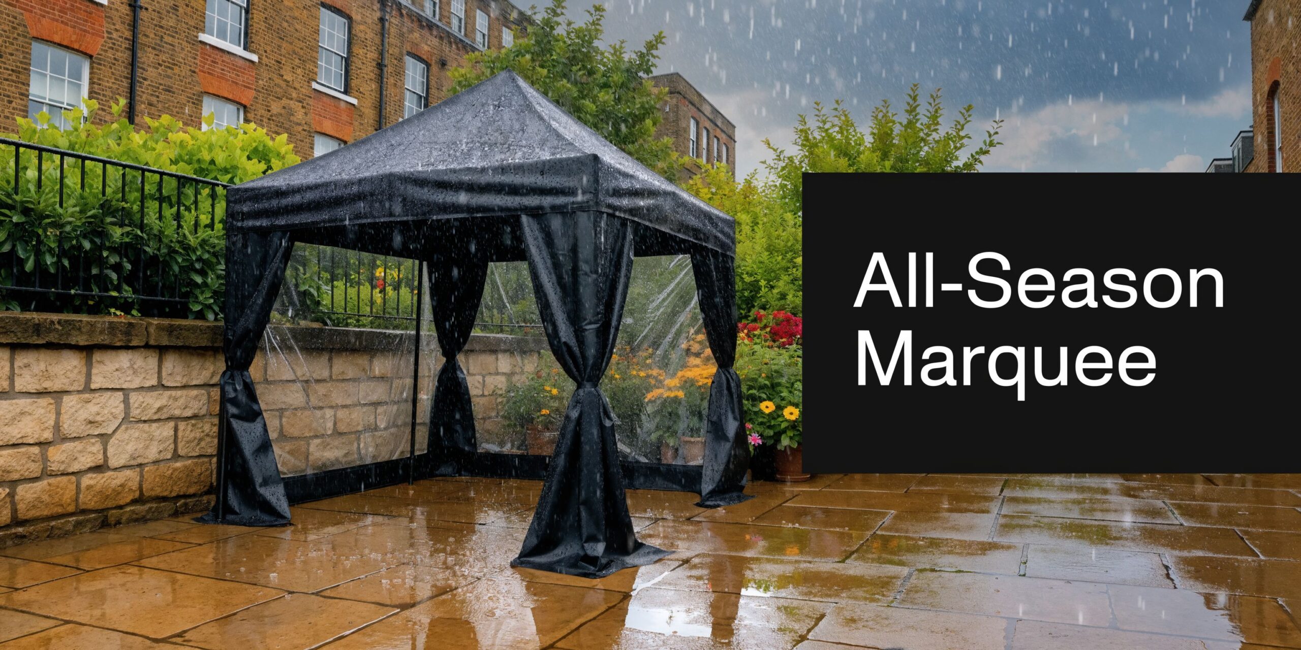A black all-season garden marquee standing on a paved patio during a rainy day in London.