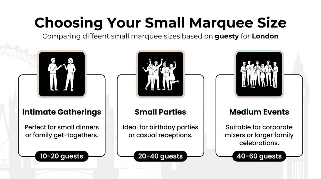 A guide comparing different marquee sizes based on guest capacity for events in London.