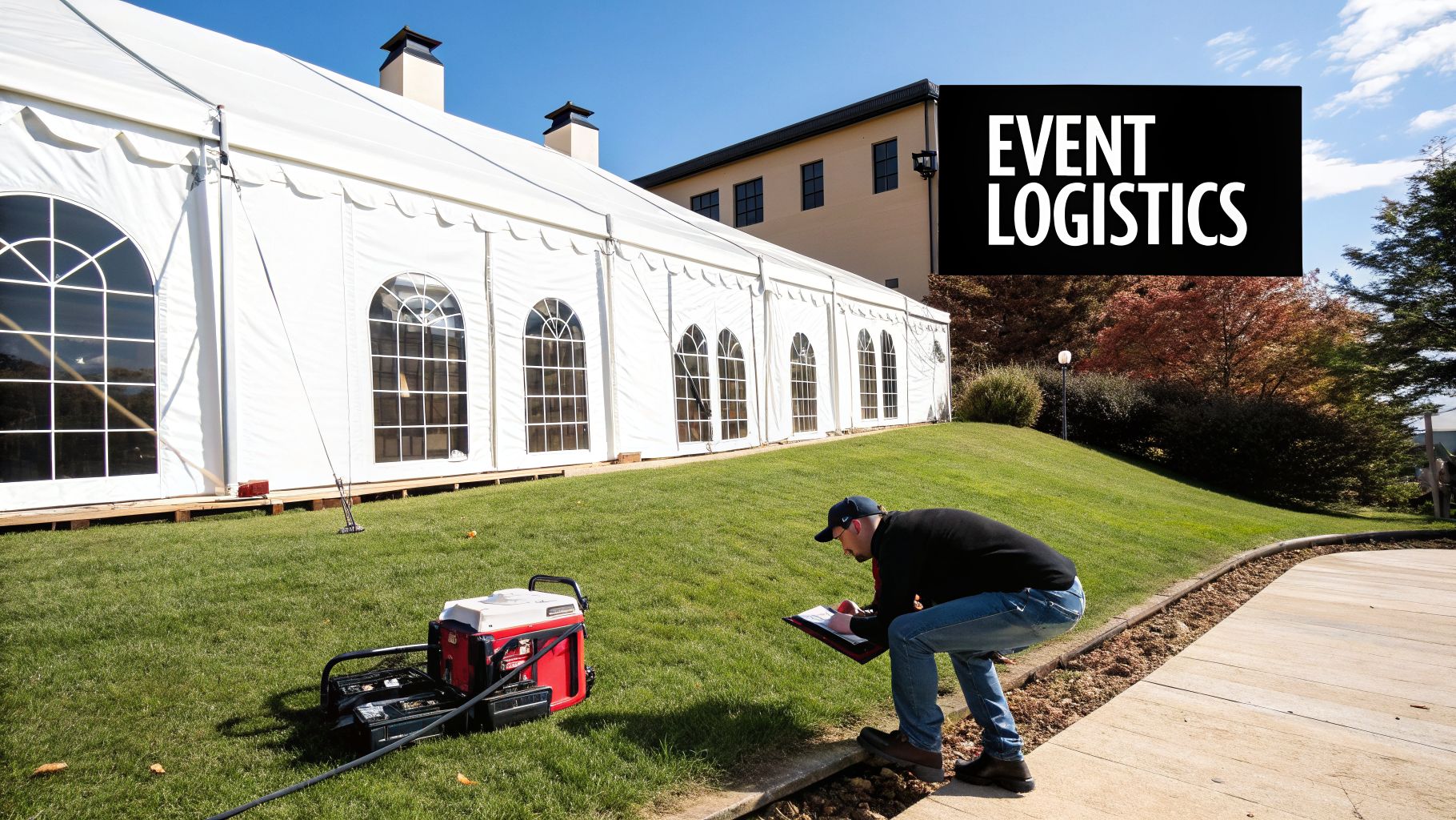 A man inspects a generator next to a large white marquee tent, overseeing event logistics.