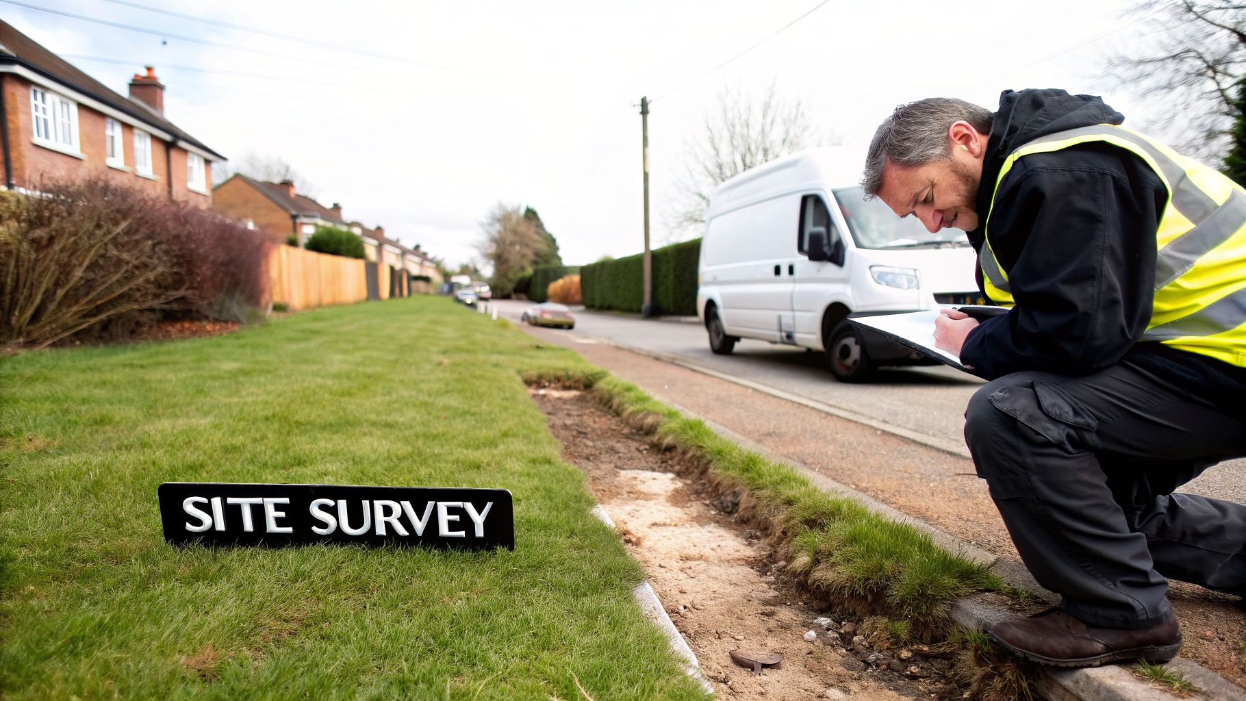 A man in a high-vis vest surveys a site by a road, taking notes on a clipboard. A "SITE SURVEY" sign is in the grass.