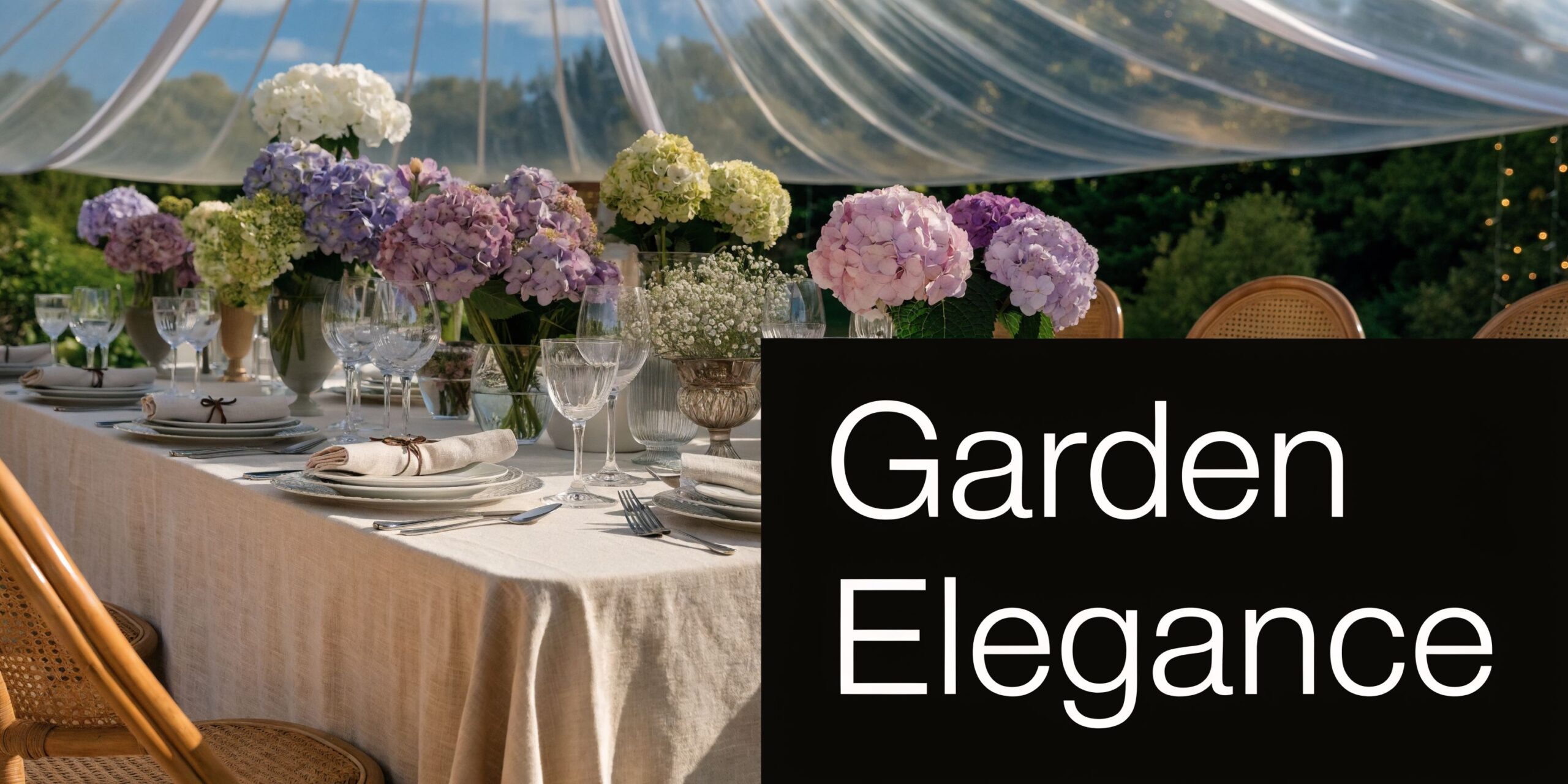An elegant outdoor dinner table decorated with beautiful hydrangeas and fine glassware under a draped canopy.