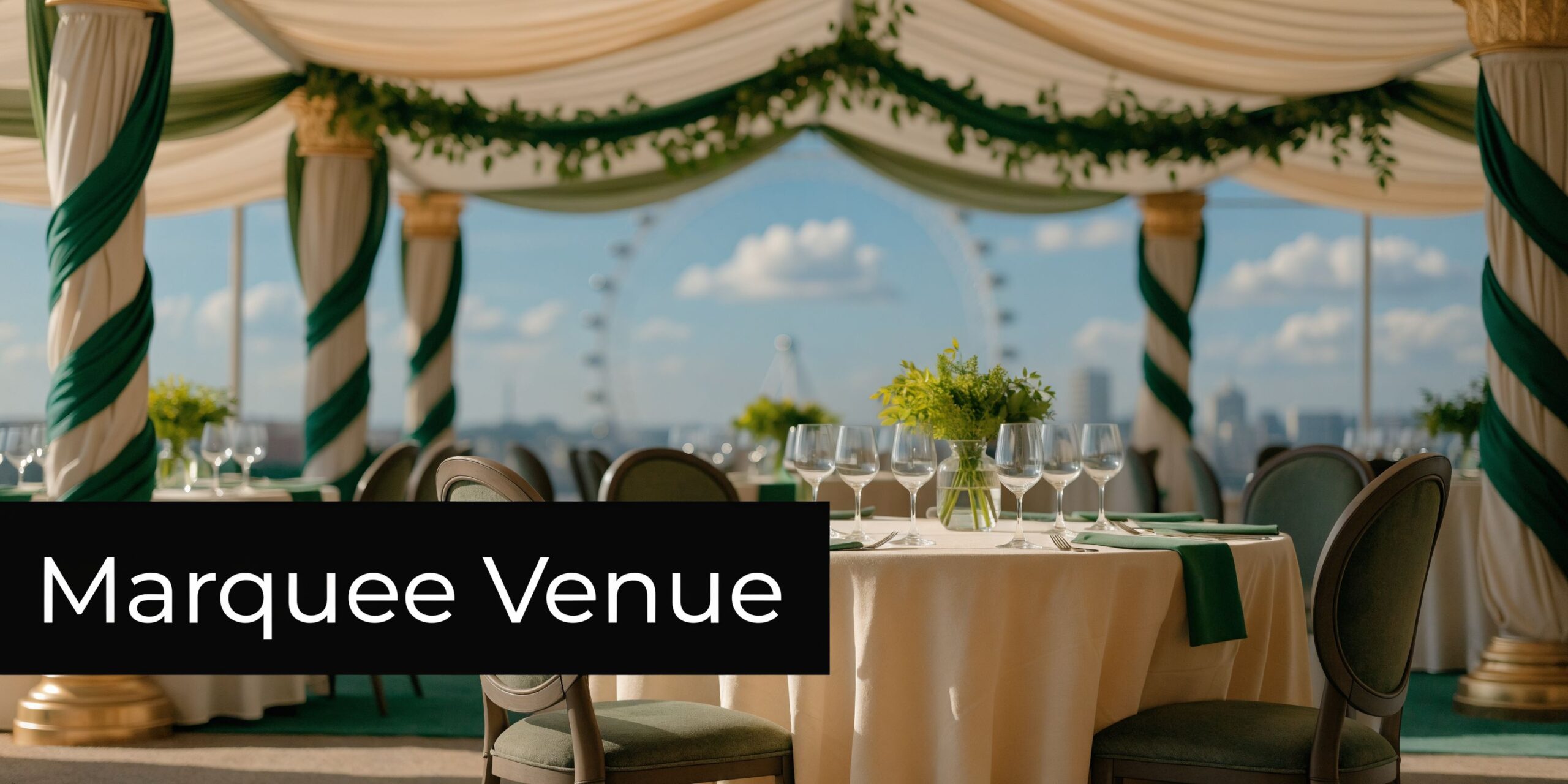 A luxurious marquee wedding venue set up with tables overlooking the London Eye skyline in London.