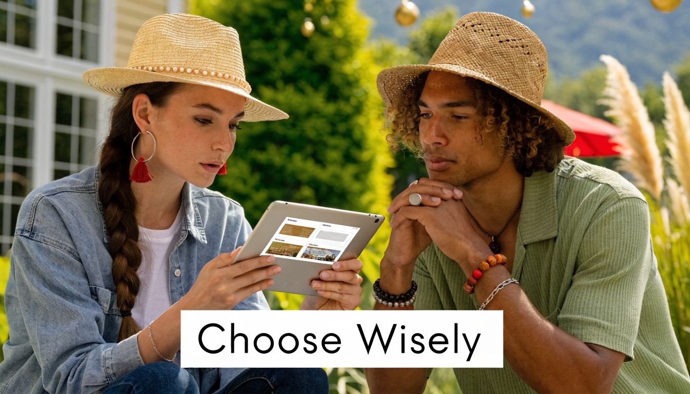 A couple wearing straw hats looking at a tablet together during a sunny outdoor event.