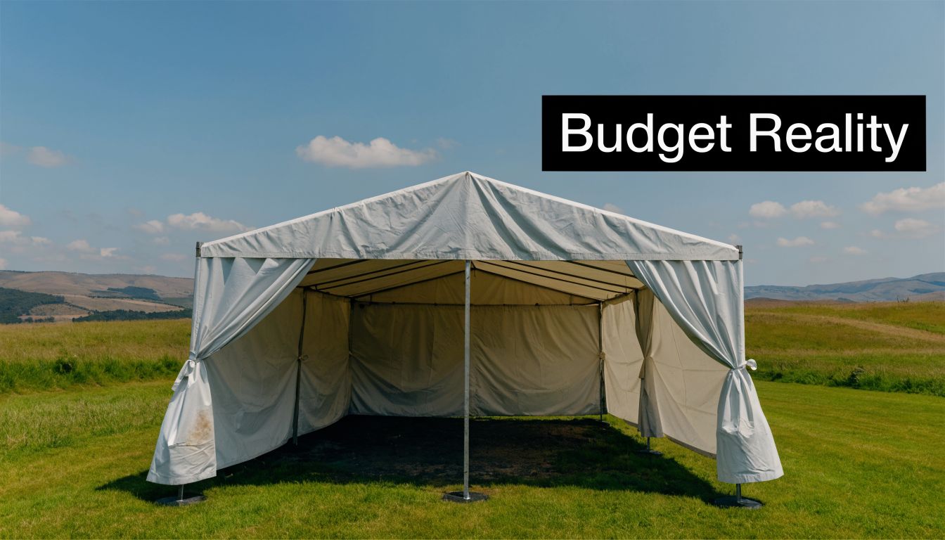 A simple white marquee tent standing in a vast, empty grassy field under a clear sky.