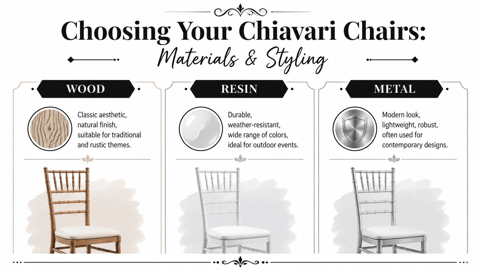 A comparison guide for choosing Chiavari chairs categorized by wood, resin, and metal materials and styles.
