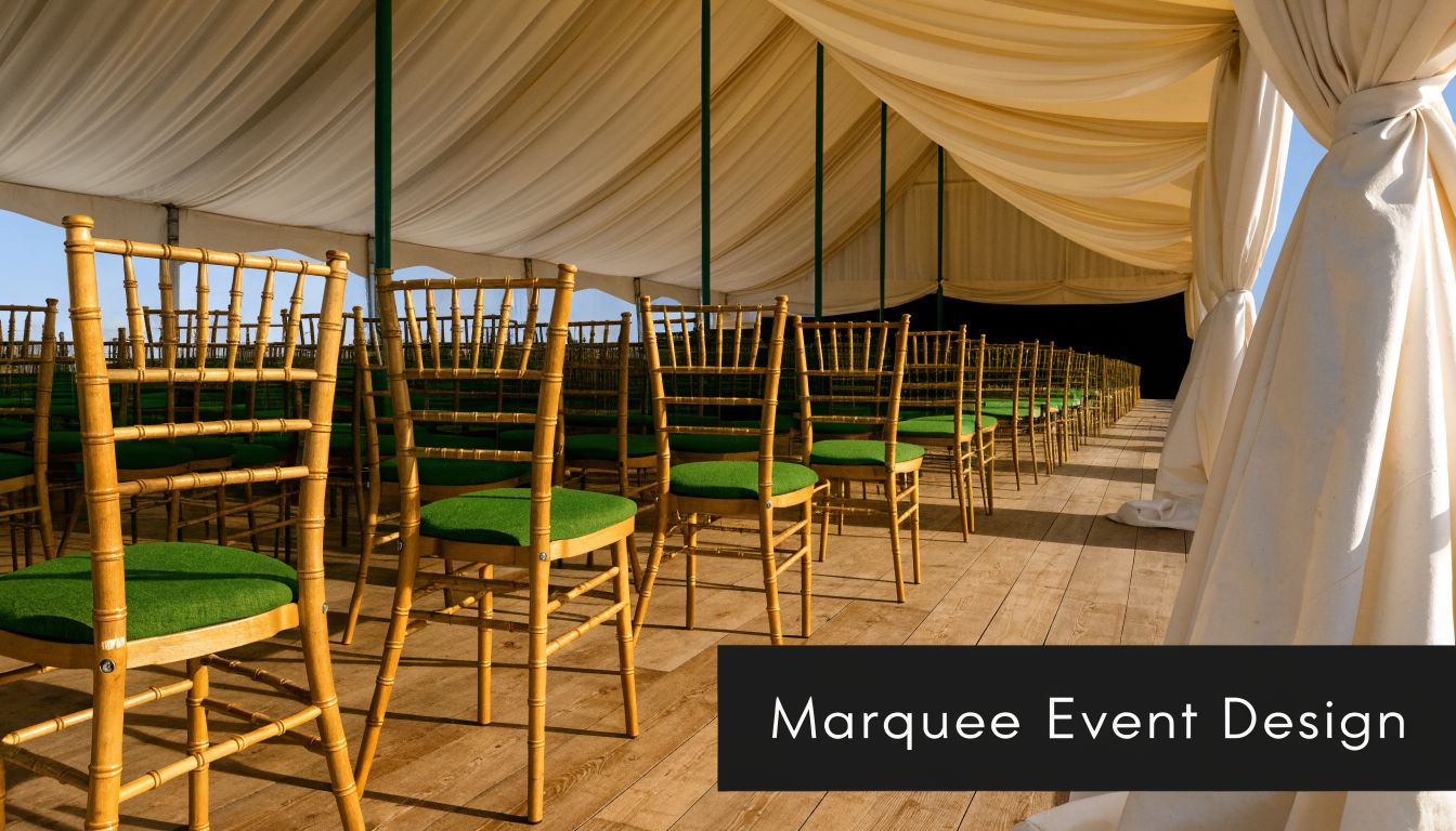Rows of wooden Chiavari chairs with green cushions set up inside a decorated white marquee tent.