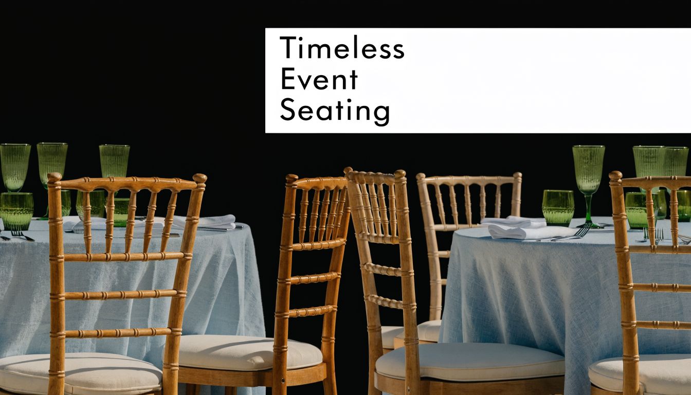 A close-up view of wooden chiavari chairs arranged at round tables with blue tablecloths for an event.