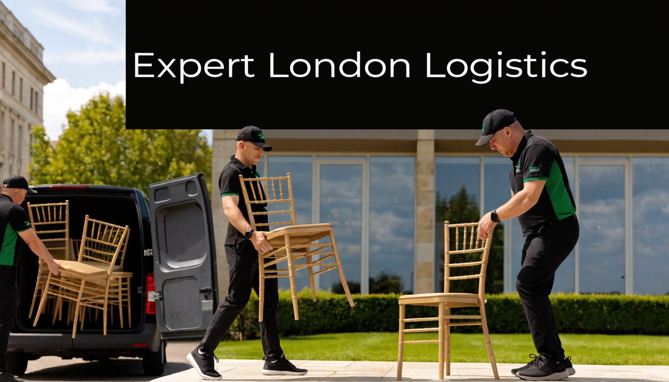 Professional moving team in uniform carefully unloading golden Chiavari chairs from a logistics van outdoors.