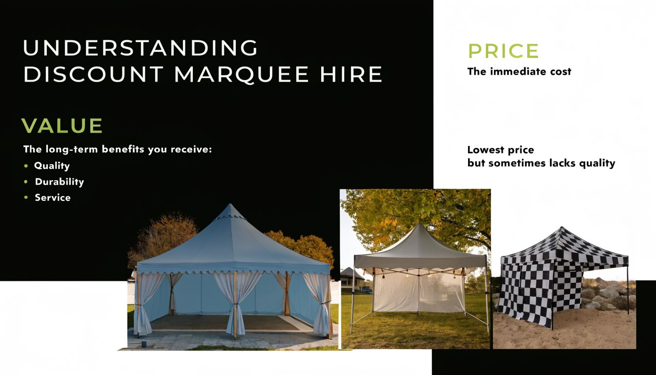 A graphic comparing value and price when choosing a discount marquee hire for your next outdoor event.