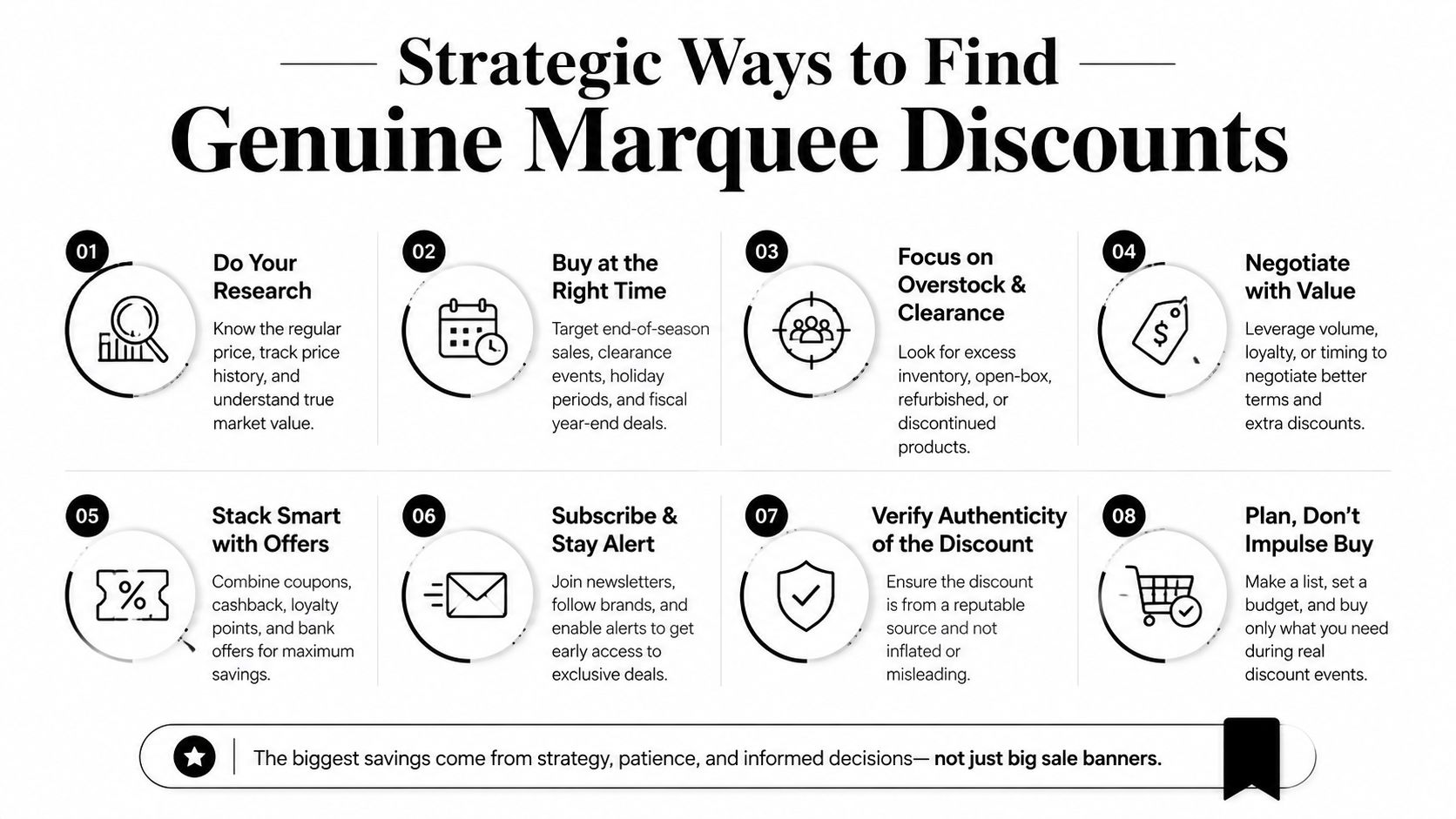 An infographic titled Strategic Ways to Find Genuine Marquee Discounts featuring eight numbered steps for savvy shopping.