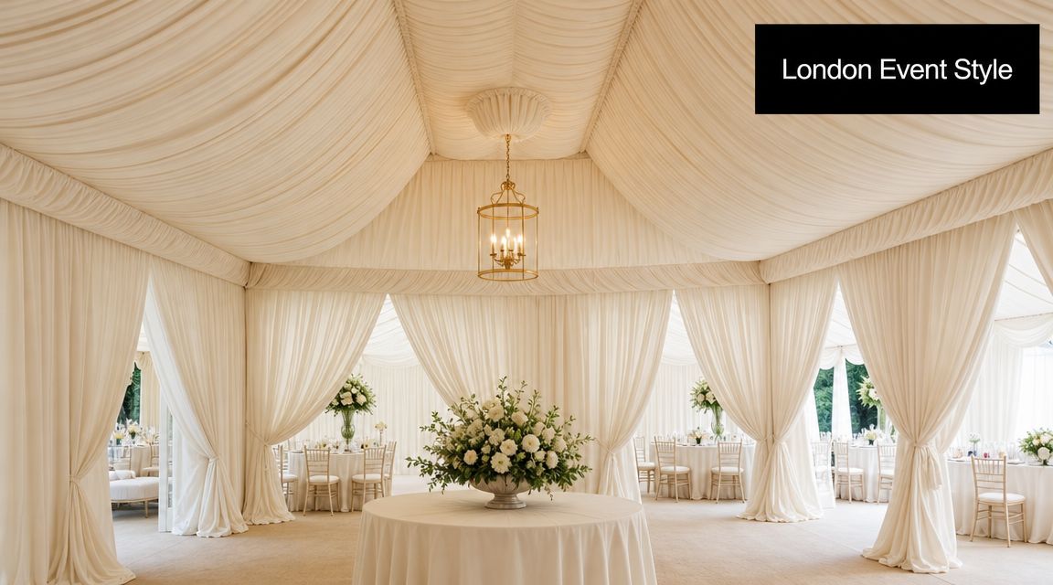 A sophisticated marquee interior featuring elegant draped cream fabric, a golden lantern chandelier, and floral centerpieces.