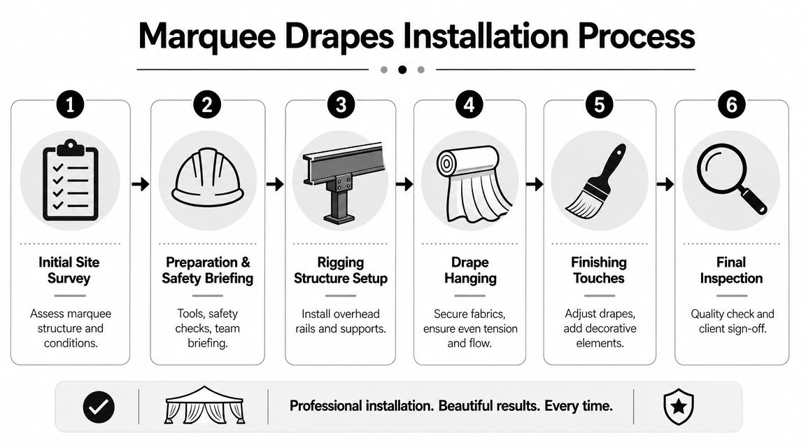 A six-step infographic showing the professional process for installing marquee drapes from survey to final inspection.