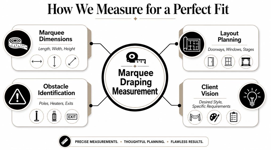 A diagram outlining the four key steps for accurate marquee draping measurements and planning.