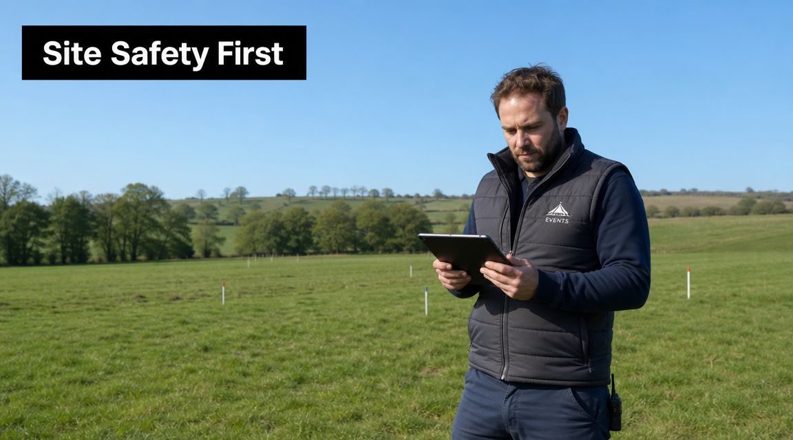A professional event planner holding a tablet standing in a grassy field with event markers.