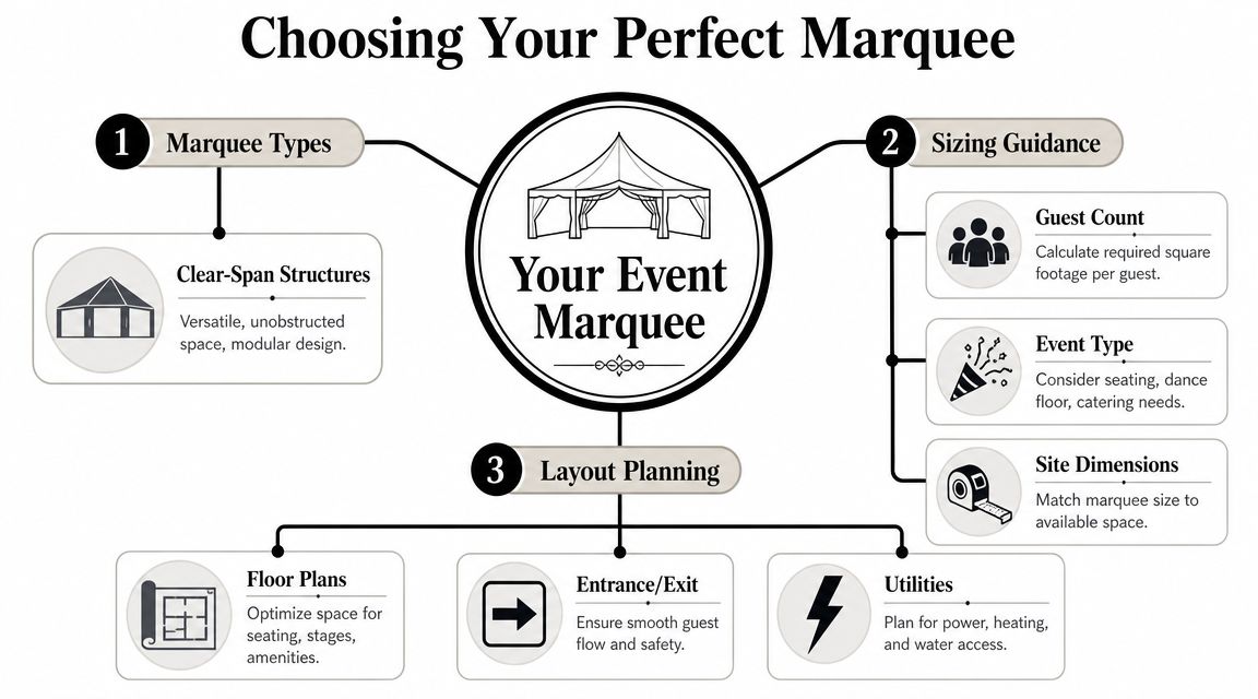 A diagram illustrating the essential steps for choosing a perfect marquee for your upcoming outdoor event.