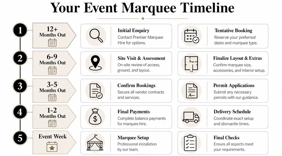 A structured infographic illustrating a five-step timeline for planning and booking an event marquee hire.