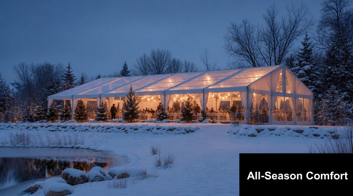 A luxurious clear event tent illuminated at night during a winter snowy wedding celebration by a pond.