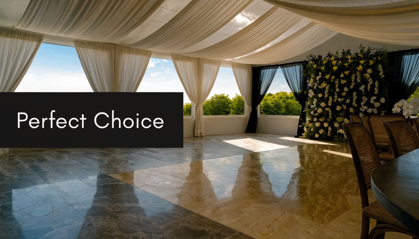 An elegant, sunlit event venue featuring marble flooring, draping ceiling fabrics, and a lush floral backdrop.